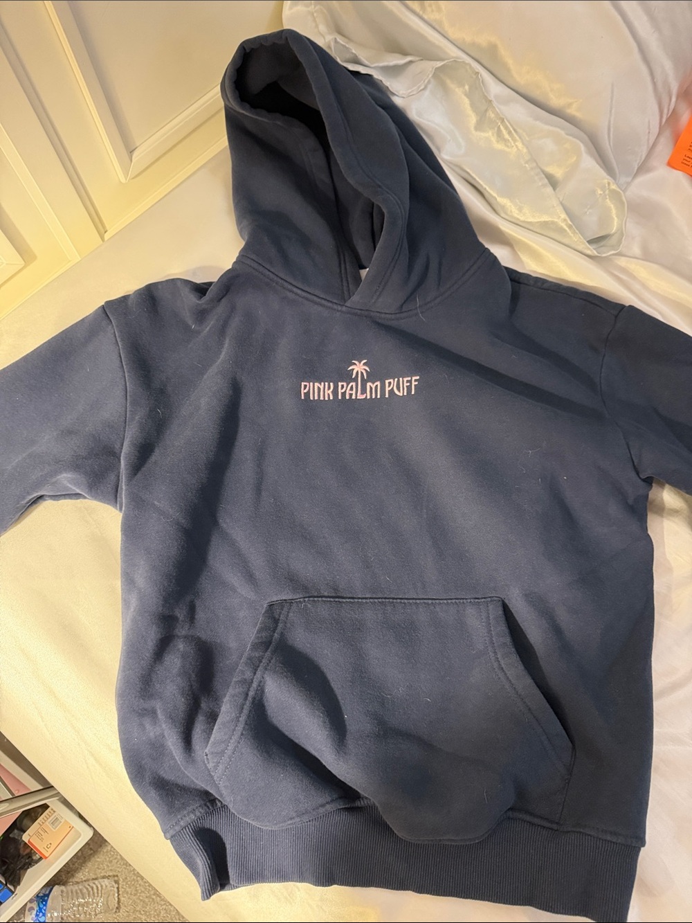 Pink palm puff Navy Pullover with pink Logo